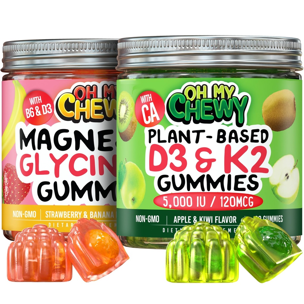 OH MY CHEWY Magnesium + D3K2 Gummis Bundle – 2 Flaschen (je 60) – Erdbeeren Banana & Apple Kiwi