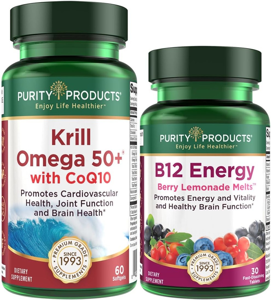 Reinheit Produkte Bundle - Krill Omega 50+ mit CoQ10 + B-12 Energy Melt - Krill Omega 50+ mit CoQ10 (Krillöl, Fischöl, CoQ10, Vitamin D) B-12 Berry Melt (Methylcobalamin B12 + B6 + D3 + mehr)