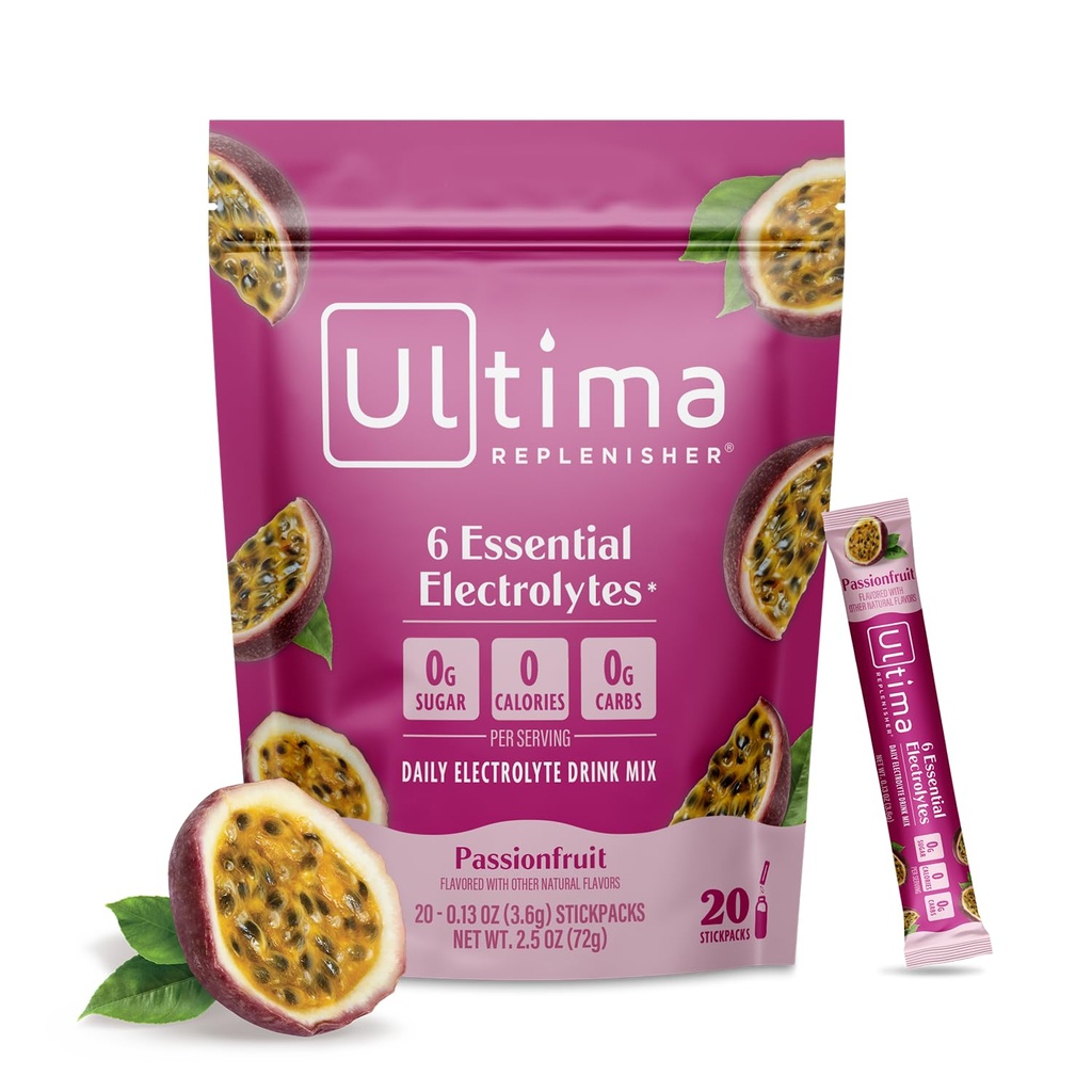 Ultima Replenisher Daily Electrolyte Powder Drink Mix – Sugar Free – Passionfruit, 20 Stickpacks – Hydration Packets mit 6 Elektrolyten und Trace Minerals – Keto Friendly, Non-GMO