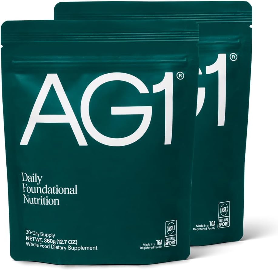 Supplément en poudre de vert AG1 Améliorer la santé des guts Multivitamines, probiotiques, sans gluten, végétaliens et céto-friendly. 75 Vitamines (verts athlétiques) - 2 packs, formule classique (30 portions par poche)