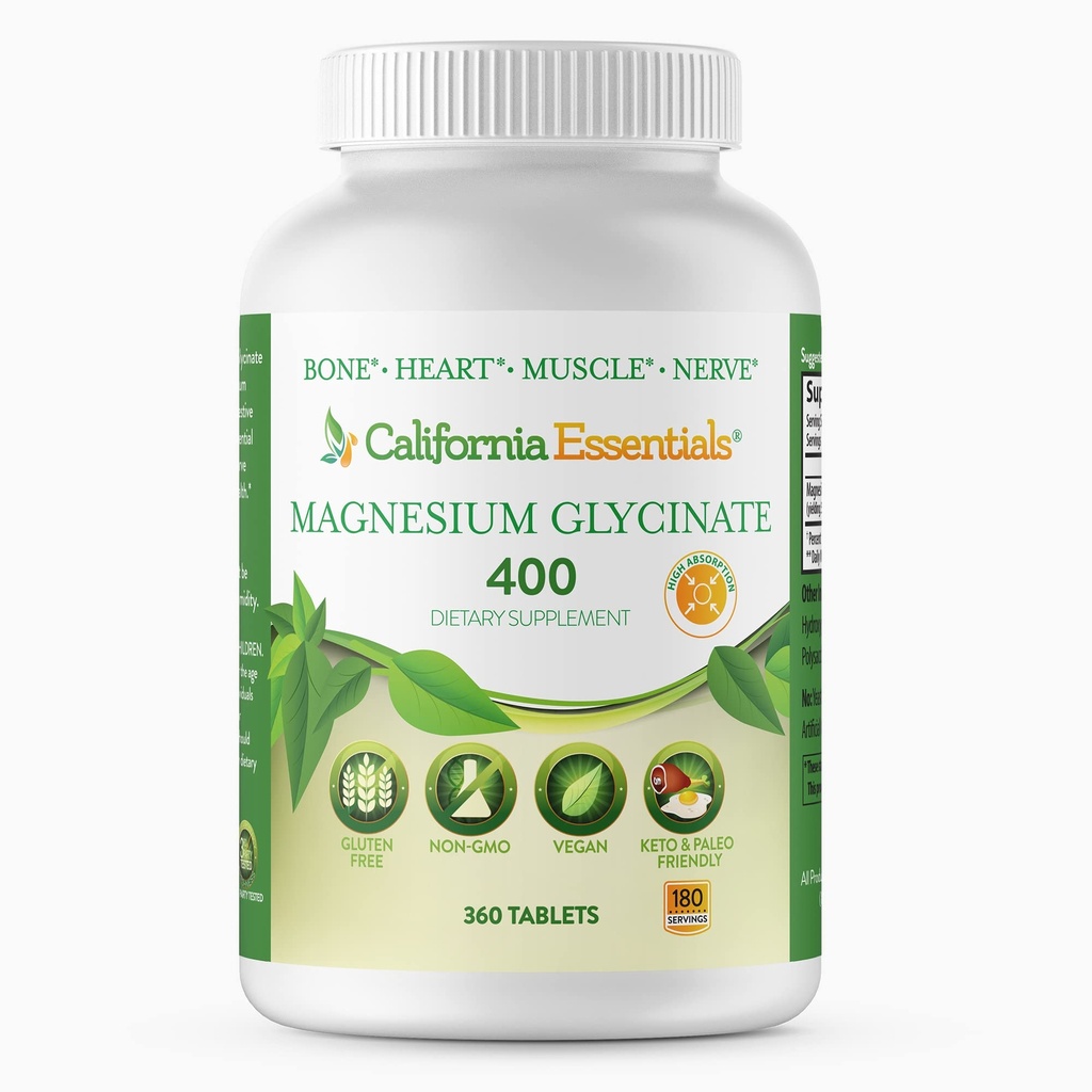 California Essentials Magnesium Glycinate 400 - Chelat, High Absorption Elemental Magnesium für Muskelentlastung, Knochen- und Herzunterstützung - Vegan, Non-GMO, Glutenfrei (360 Zähler (Pack von 1))