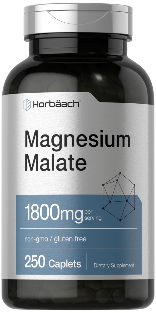 Horbäach Magnesium Malate | 1800mg | 250 Coated Caplets | Vegetarisch, Non-GMO, Glutenfreie Ergänzung