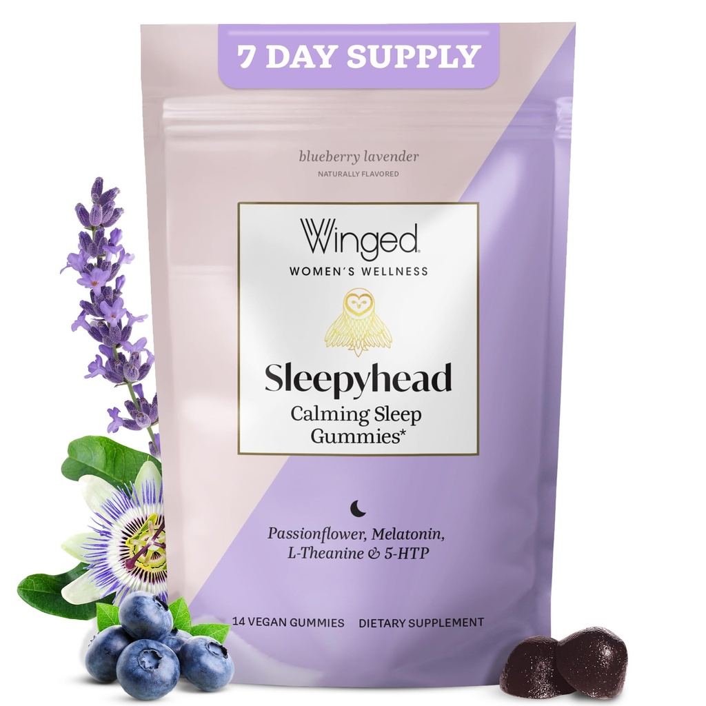 Bien-être ailé Sleepyhead Gommies de sommeil naturels pour les femmes - Aide au sommeil pour les adultes avec 3mg Melatonine, L-Theanine, 5-HTP - Supplément Gommy naturel - Blueberry Lavender, 14 Gommies végétaliens