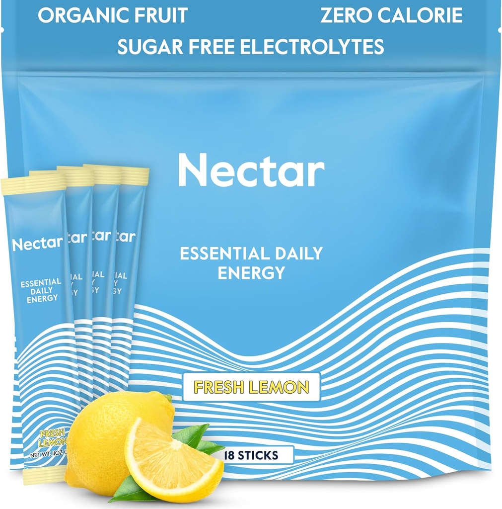 Nectar Energy Booster - Organic Caffeine, B12 & Elektrolyte - Sugar Free & Zero Calorie – Healthy Coffee, Energy Drink & Soda Alternative – Hydration & Energy Supplement (Lemon 18 Powder Packets)