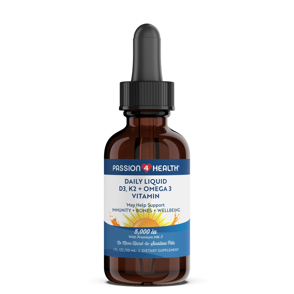 Passion 4 Health Organic Liquid Vitamin D3 K2 (Mk-7) + Omega 3 Supplement - Flüssiges Vitamin D Tropfen (5000IU) - Unterstützung für gesunde Knochen und Muskeln