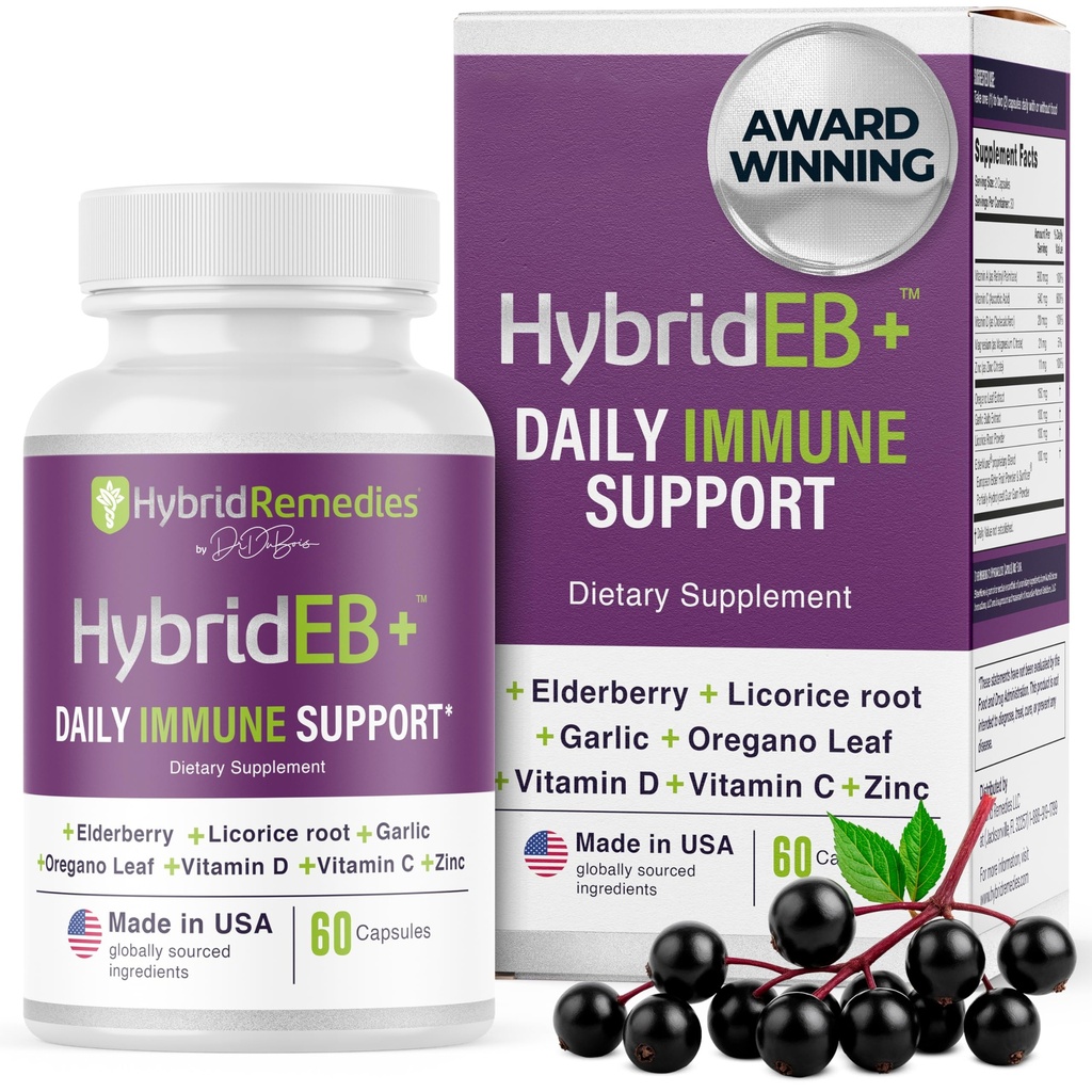 HybridEB Sambucus Elderberry Immununterstützung mit Vitamin C, Zink, Vitamin D3 - Antioxidans & Immunität Supplement, 1 Monat Versorgung - 9 in 1 Schwarze Elderberry Kinder und Erwachsene - 60 Kapseln