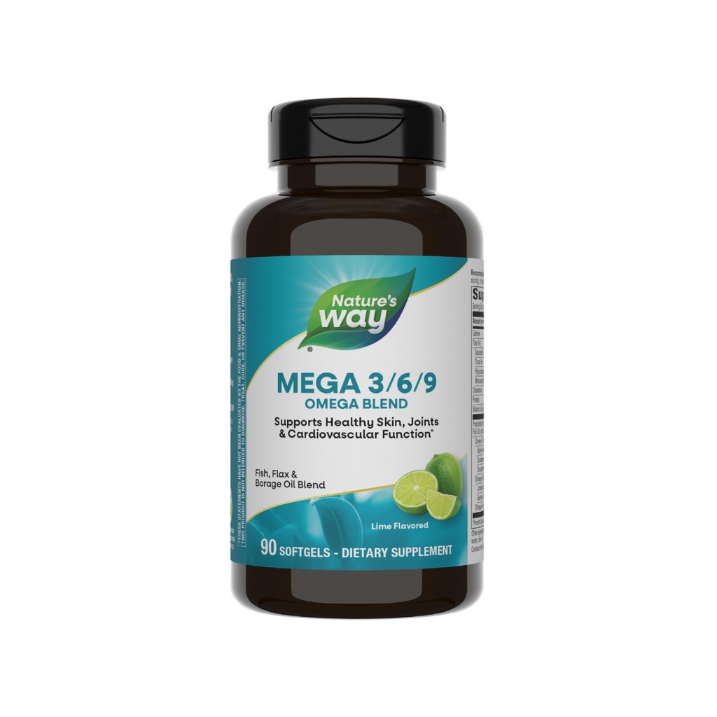 Nature's Way Mega 3/6/9 Omega Blend, Unterstützt gesunde Haut, Gelenke, Herz-Kreislauf-Funktion*, Fisch, Flax, Borage Öl, 90 Lime Flavored Softgels (Packaging May Vary)