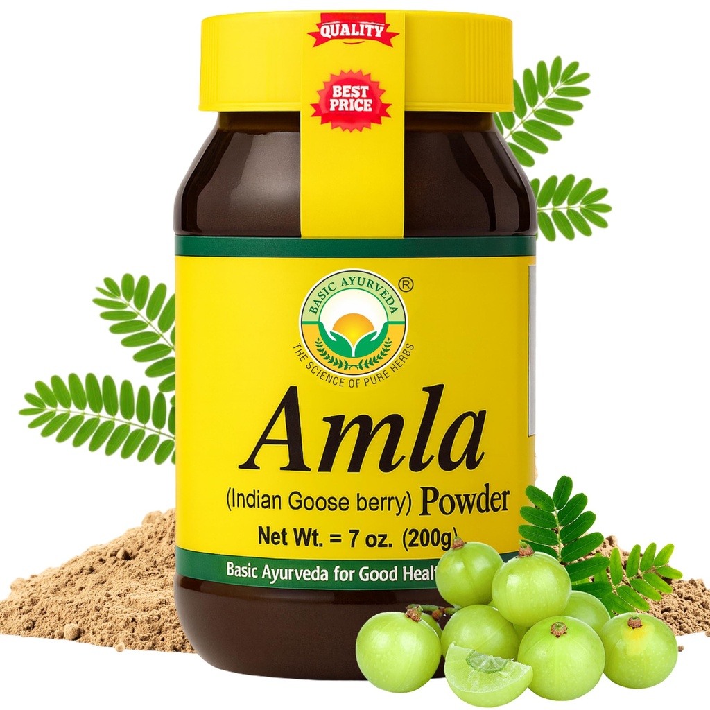 AYURVEDA BASIQUE Poudre Amla 7.05 Oz (200gm) (100%) 100% brut et naturel de baies de Goose (Amalaki) pour les cheveux, la peau et l'immunité.
