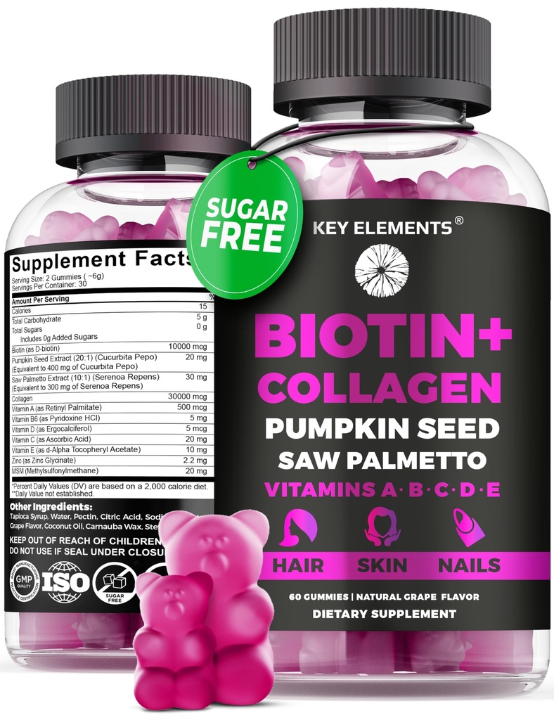 Haare Haut und Nägel 10000mcg Gummie & Collagen Gummies - Biotin Vitamine für Haarwachstum Kürbis Samen Öl, Säge Palmetto Extrakt & Vitamine A B6 C D E - Biotin und Collagen Ergänzungen