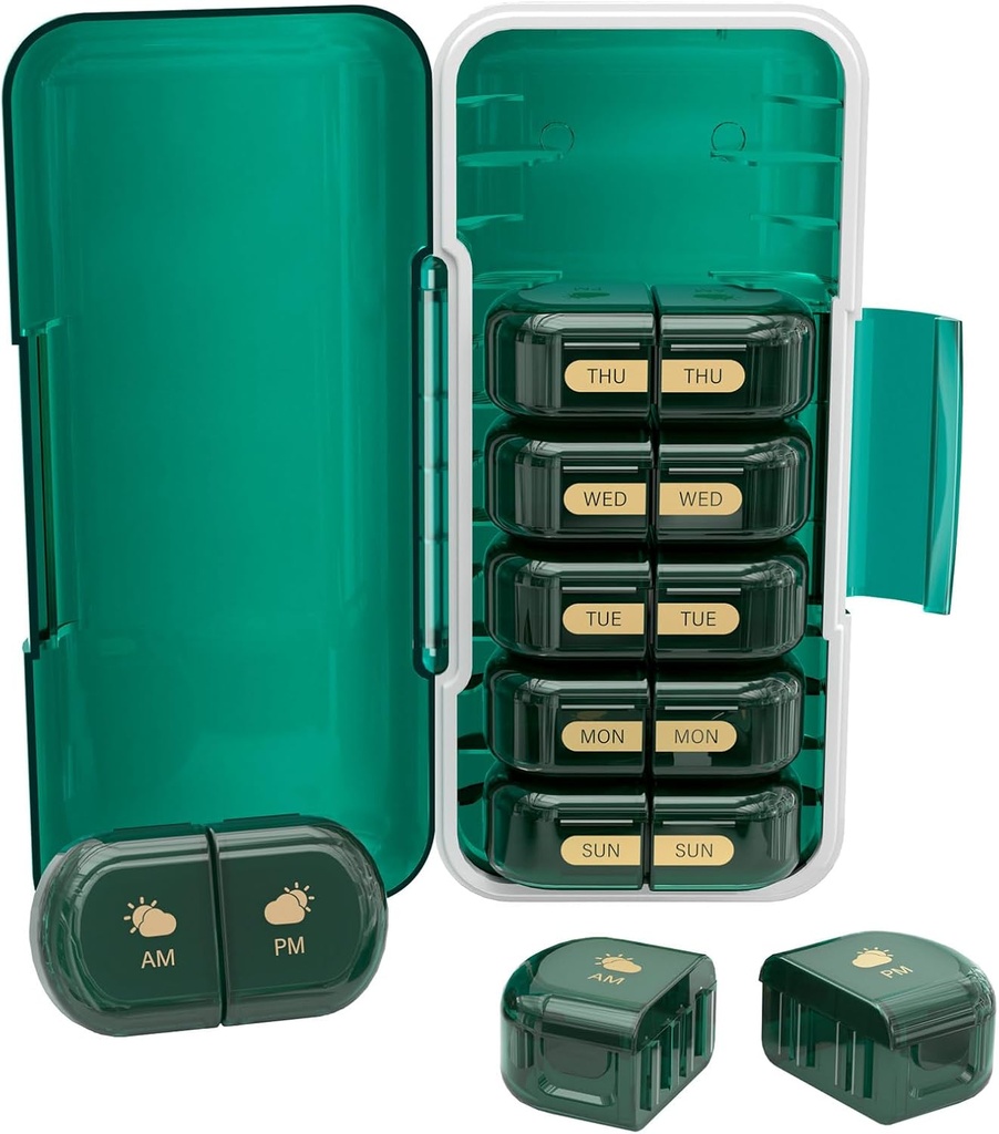 Organisateur hebdomadaire de pilules 2 fois par jour, Humidité-Proof, Compartiments amovibles, AM PM Pill Box 2X 7 Jour, Organisateur de pilules de voyage pour les pilules/huile de poisson/médication/vitamine/Supplements (vert foncé)