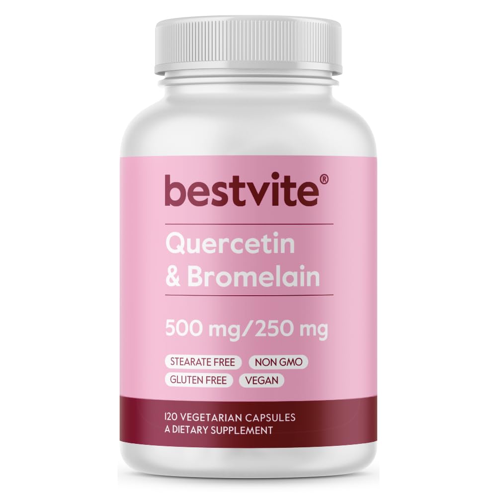 BESTVITE Quercetine avec Bromelain 500mg/250mg (120 capsules végétariennes) - Pas de stéarate - Pas de dioxyde de silicone - Vegan - Non OGM - Sans gluten