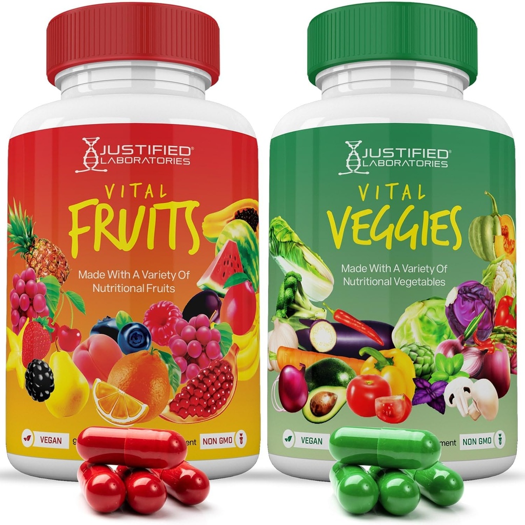 Justified Laboratories (Satz von 2 Vital-Fruchten und Gemüse-Ergänzung Red & Green Superfoods Ganzes Essen Nicht GMO Vegan Friendly 180 Veggie Kapseln 2 Flaschen