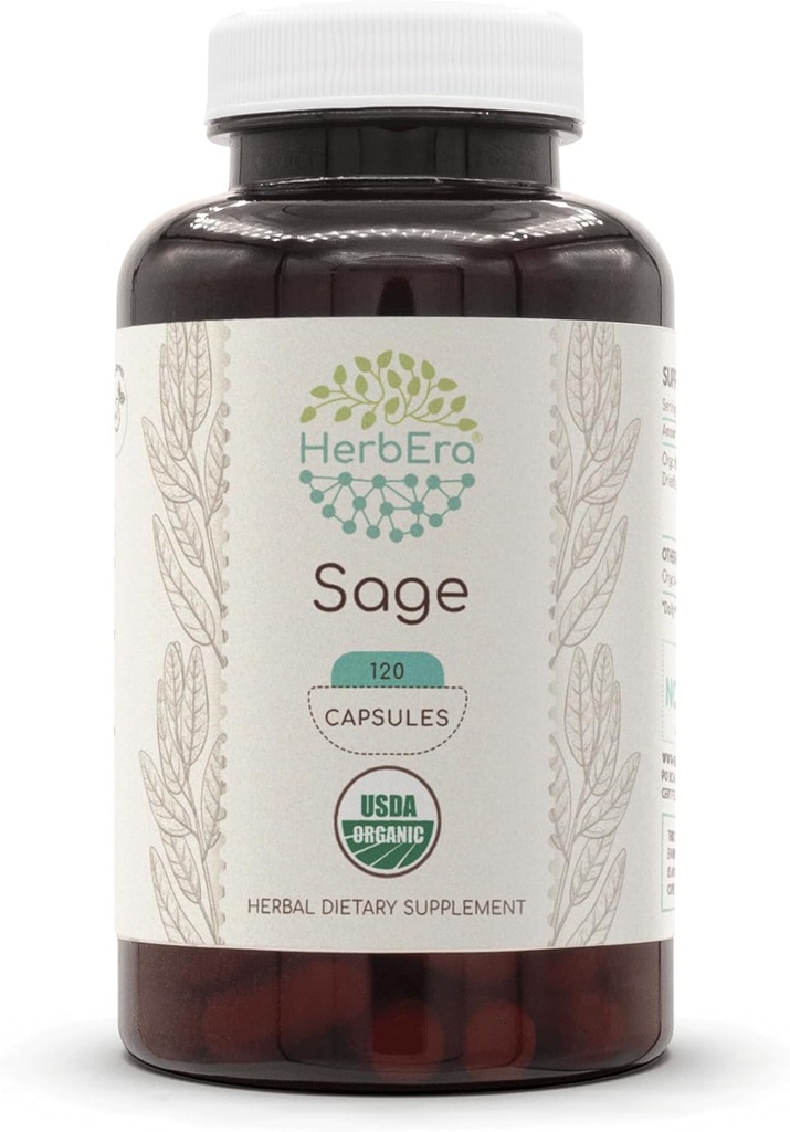 HerbEra Sage USDA Organic 120 Kapseln | Natürliche Kräuterergänzung | Certified Organic Vegetarian Capsules and Organic Sage (Salvia officinalis) Getrocknete Blatt (120 Kapseln)