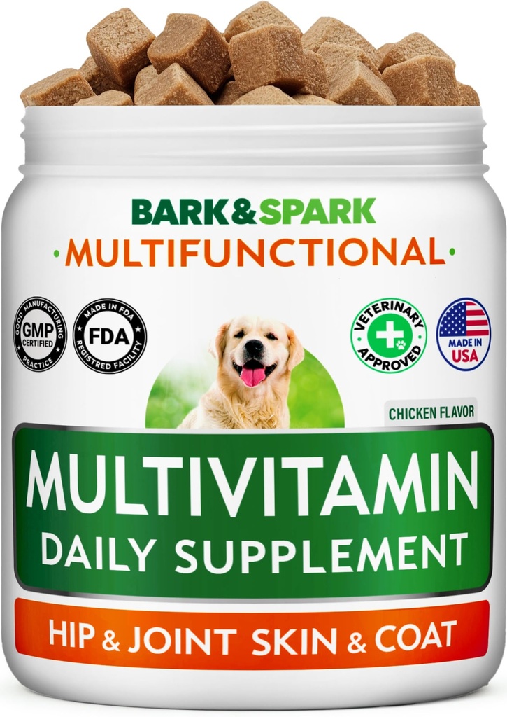 BARK&SPARK Vitamines et suppléments pour chiens - Multivitamines à croquer pour chiens - Glucosamine Chondroïtine pour le soutien articulaire + Oméga pour la peau et le manteau + Probiotiques - Multivitamine pour animaux de compagnie Santé - 120Ct