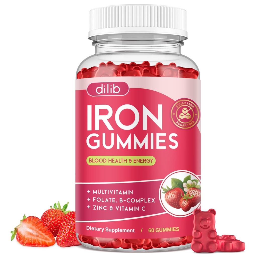 Eisengummis mit Multivitamin, Eisen-Ergänzung für Frauen & Männer mit Zink, Vitamin B Complex & C, B12, Folate - Blood Builder & Energie Unterstützung für Erwachsene & Kinder - Erdbeeren Flavor, Vegan 60 Gummi