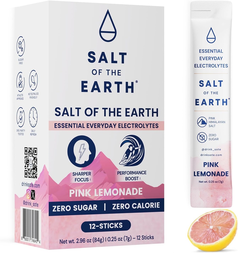 Salz der Erde Premium Zero-Sugar Elektrolyt - Hergestellt mit Rosa Himalayan Salz - Hydration Pulver Pakete | Premium Zutaten | Keto & Paleo Friendly | 12 Sticks, Pink Lemonade