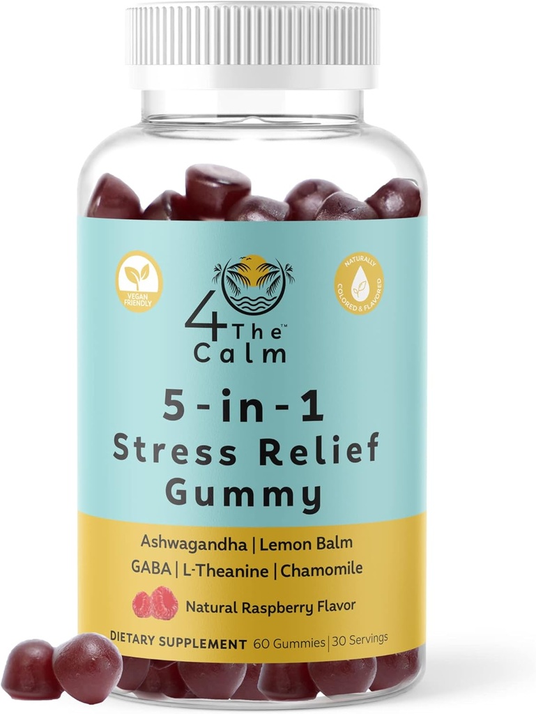 4TheCalm 5in1 Supplément anti-stress Gummy – GABA, Lemon Baume, L-Theanine, Camomile, Ashwagandha – Gummies anti-stress (Natural Raspberry Flavor, 60 Gummies)