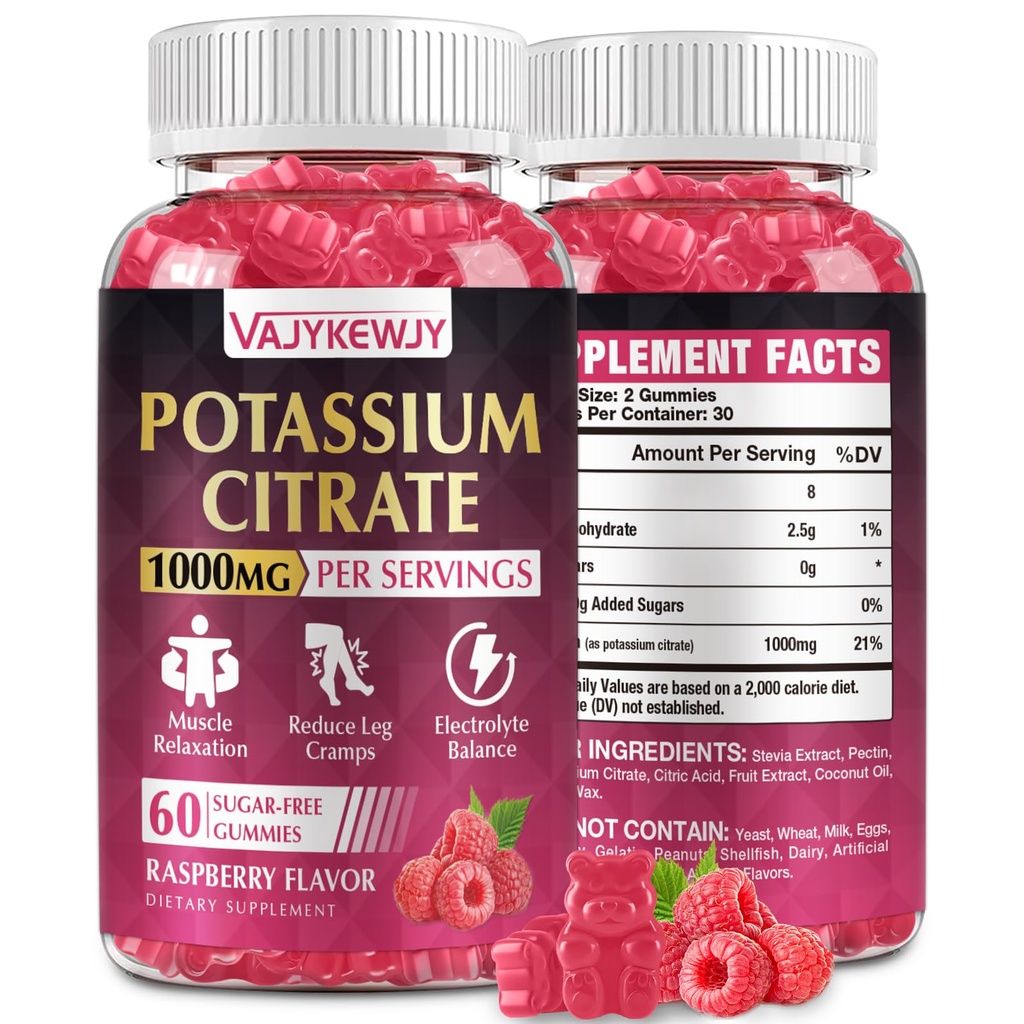 Kalium-Zitrat-Gummi-Ergänzung (1000mg), unterstützt Leg Cramps & Muskel-Gesundheit, Geeignet für Erwachsene & Kinder, Vegan, Non-GMO, 60-Count