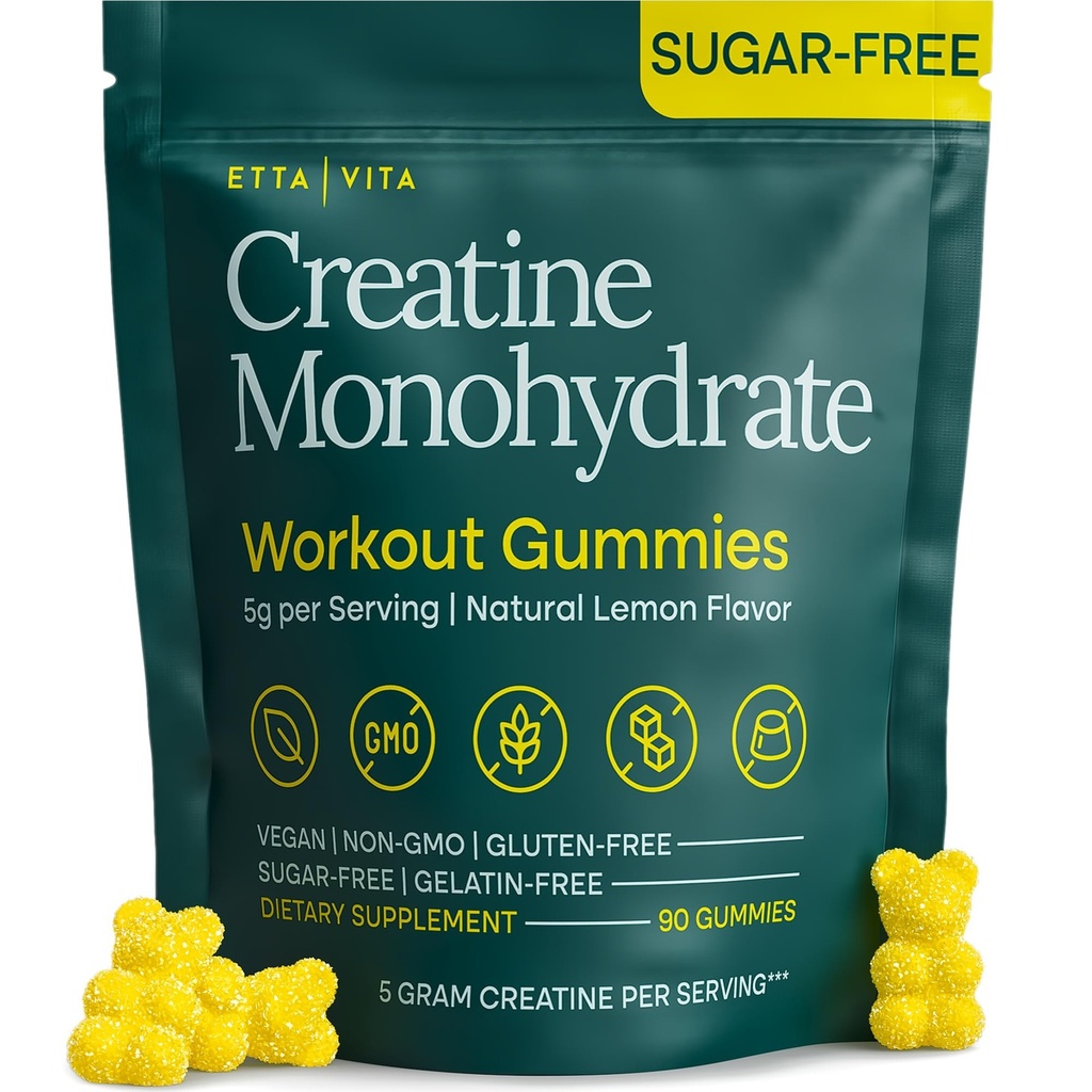 Gommies monohydratées de créatine sans sucre 5gram par portion, Gommies de créatine pour hommes et femmes, supplément pour le soutien musculaire, énergie cellulaire et fonction cognitive, sans gluten