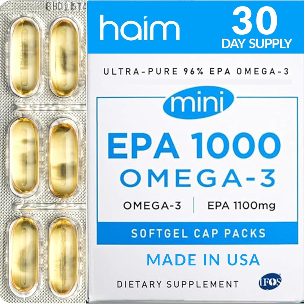 HAIM EPA1000 MINI – Pure EPA Fish Oil Supplement – 1.100mg Omega-3 für Herz, Gehirn & Gelenke Gesundheit – Hohe Potenz, Burpless Softgels – Kleine, einfach zu schwingende Kapseln – 60 Softgels – Made in USA