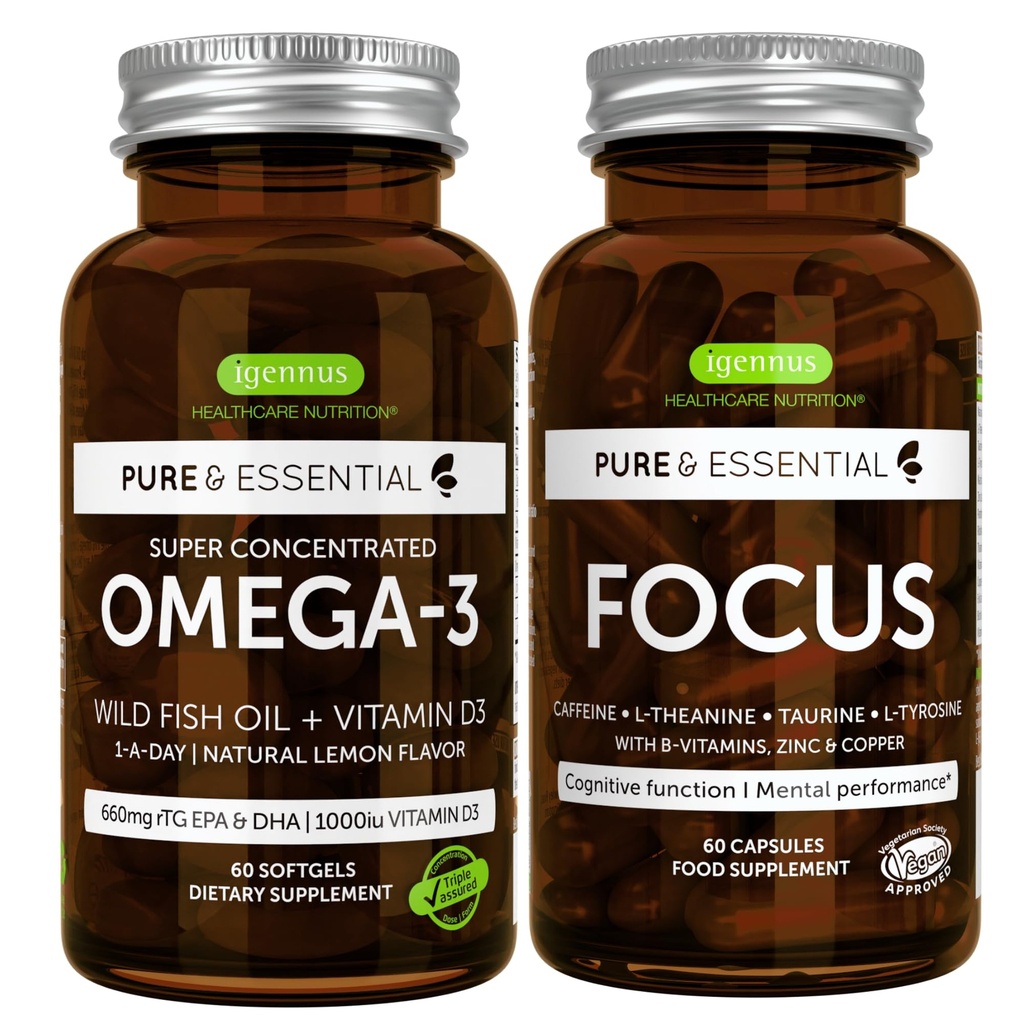 Omega-3 & Vitamine D3 1000iu + Focus Brain Booster Bundle, Fast-Acting 1-a-Day EPA & DHA rTG Huile de poisson sauvage + Caféine, L-Theanine, Taurine & L-Tyrosine, B-Vitamines, Zinc & Cuivre, par Igennus