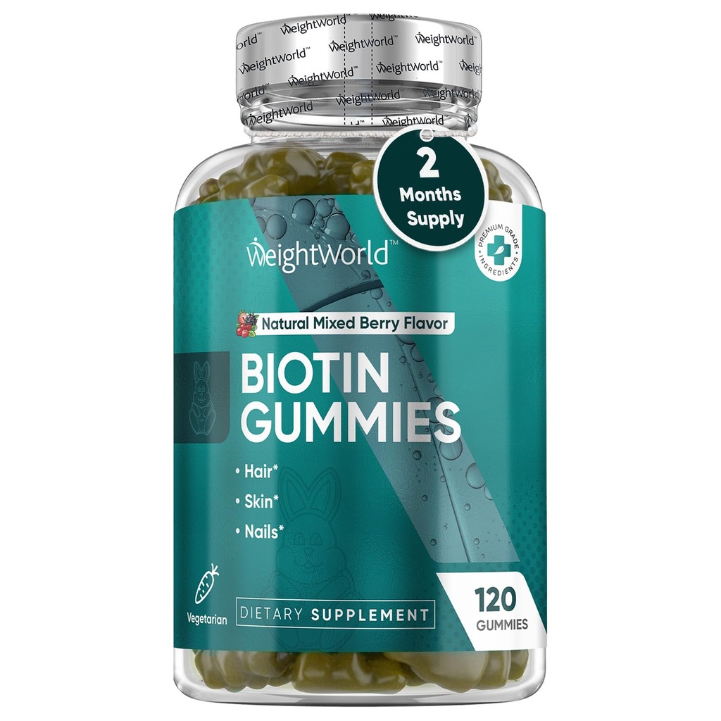 WeightWorld Biotin Gummies for Hair, Skin & Nails 5000mcg - 120 Count (60 Servierungen) - Biotin Supplements für Damen & Herren - Natürliche gemischte Berry Flavored Biotin Gummy - Vegetarisch & Third-Party Getestet