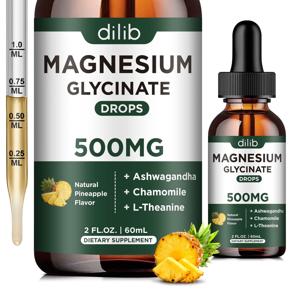 Glycinat de magnésium 500mg - gouttes de magnésium liquide, Ashwagandha, L - Theanine, Camomille - Calme et soulagement du stress, relaxation, sommeil reposant, santé du cœur musculaire, végétalien - 2 Fl Oz (30 jours)