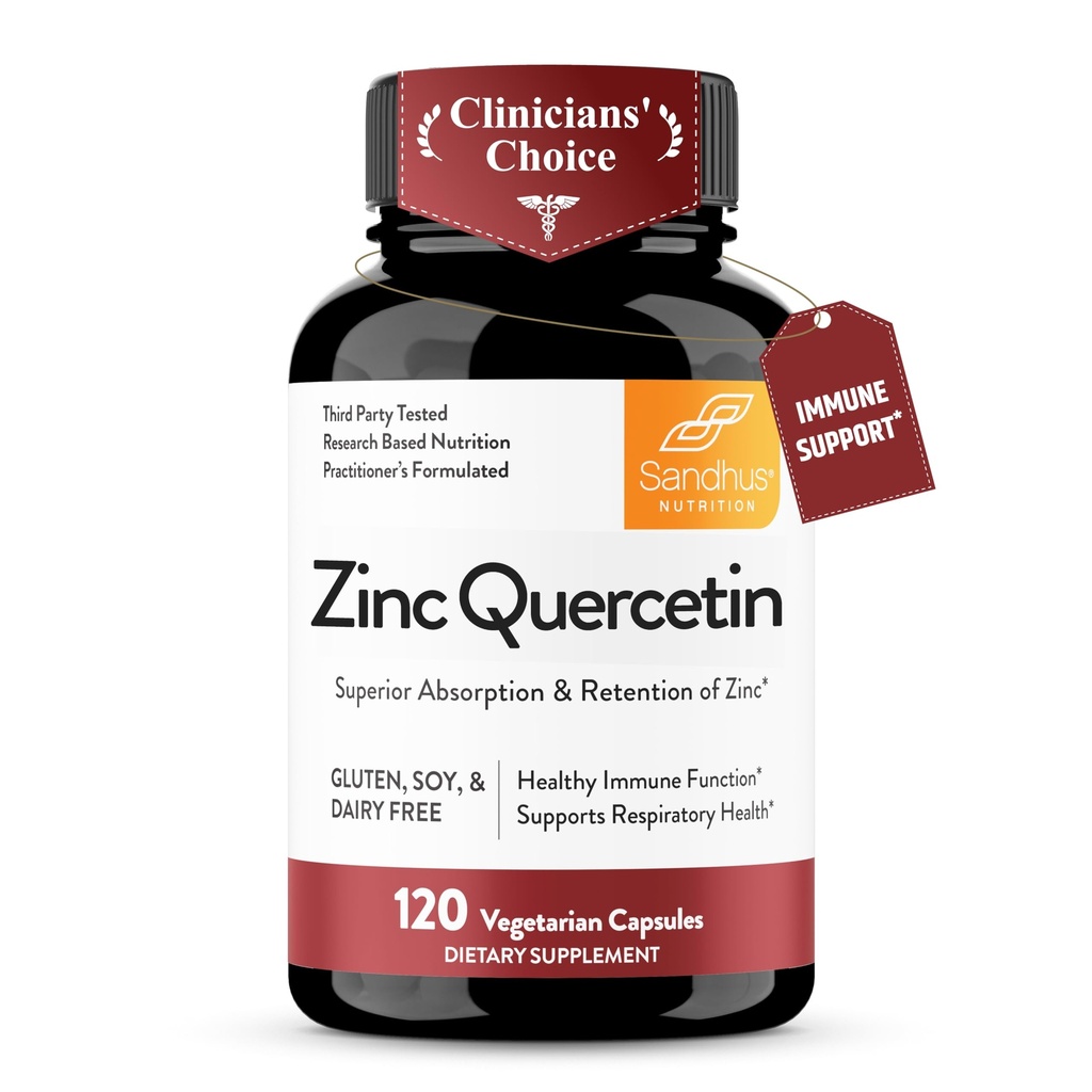 Sandhu's Zink Quercetin 120 Vegetarische Kapseln (Paket von 1) | High Absorption Zink Supplements für Immunität und saisonale Allergie | Antioxidative Immununterstützung für Männer und Frauen | Einfach zu schlucken