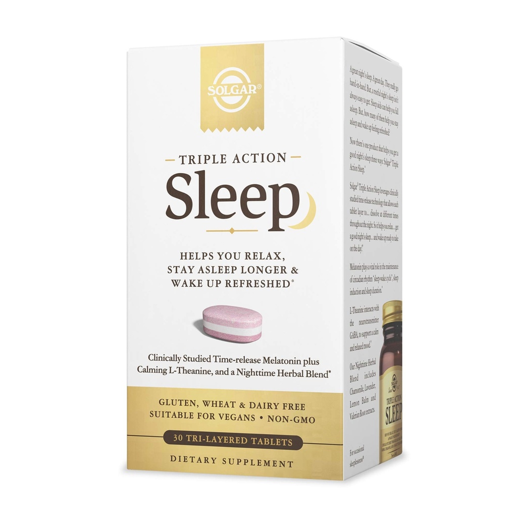 Solgar Triple Action Sleep, 30 Tri-Layer Tablets - Time-Release Melatonin & L-Theanine Plus Kräutermischung - Hilft Ihnen, sich zu entspannen, Fall Asleep Fast & Stay Asleep Longer - Non-GMO, Gluten Free - 30 Portionen