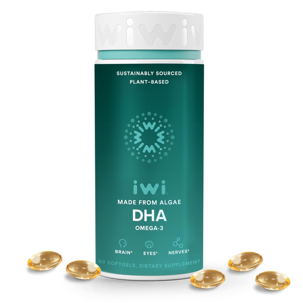 Iwi DHA Omega-3, 60 Softgels (30 portions), Algae Omega à base de plantes 3, Cerveau, Yeux et système nerveux Soutien Supplément alimentaire, Krill et huile de poisson Alternative, Pas de arrière-goût de poisson