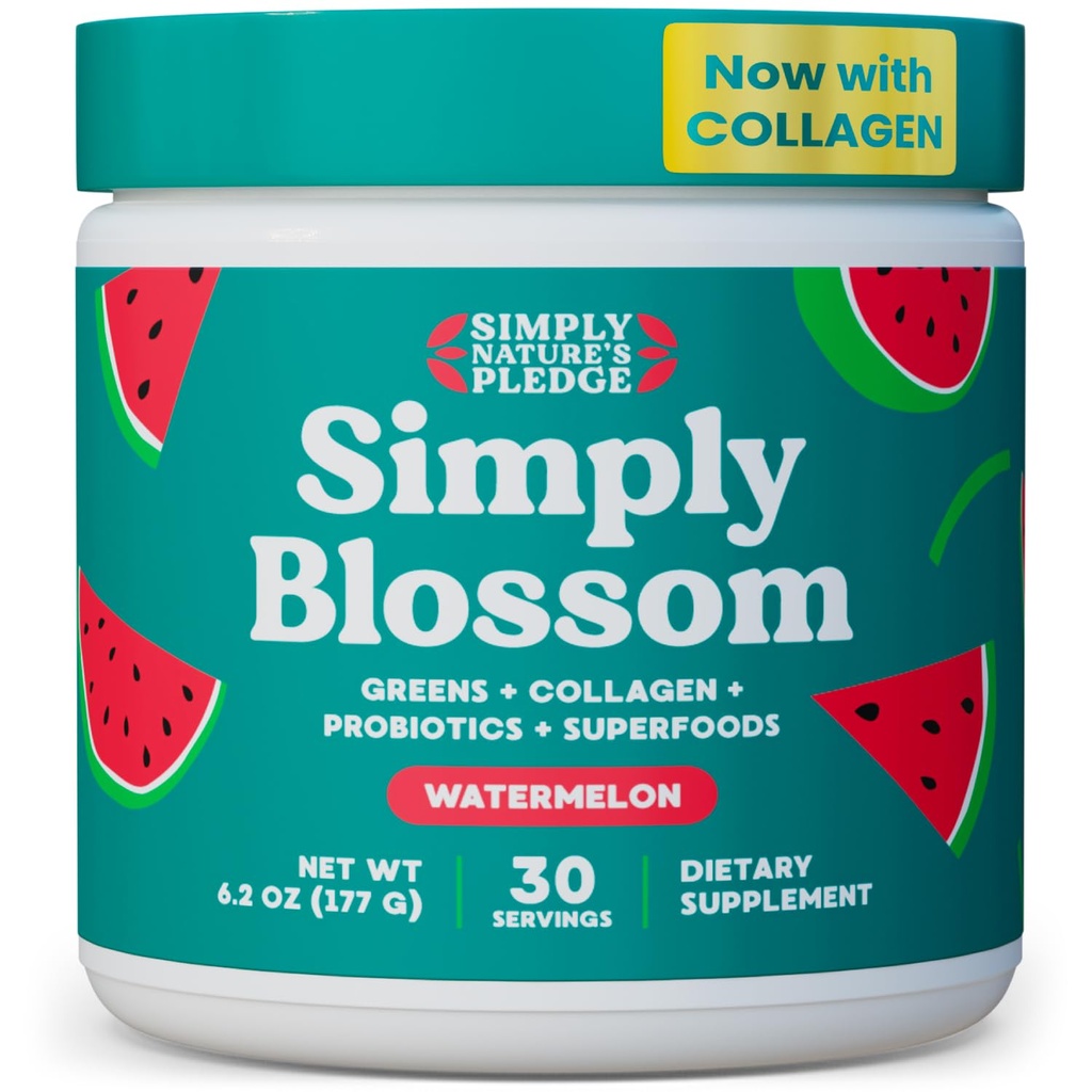 Simply Blossom Nutrition Daily Greens & Superfood Powder + Collagen + Probiotiques pour la santé digestive des femmes & Bloating Relief. Aidez votre santé Bloom - 30 jours d'approvisionnement - Pastèque
