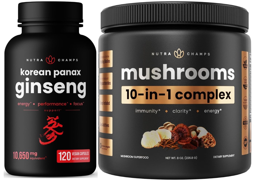 NutraChamps 10-in-1 Pilze Powder & Ginseng - Ultimate Energy, Stamina & Cognition Support Bundle.