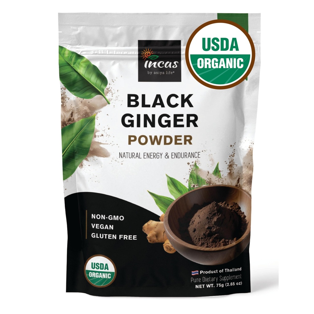 INCAS 100% USDA Organic Thai Schwarz Ginger Pulver für Männer 2.65 Unze aus Thailand Nicht GMO Verifizierte Kräuterergänzung für natürliche Energie und Ausdauer