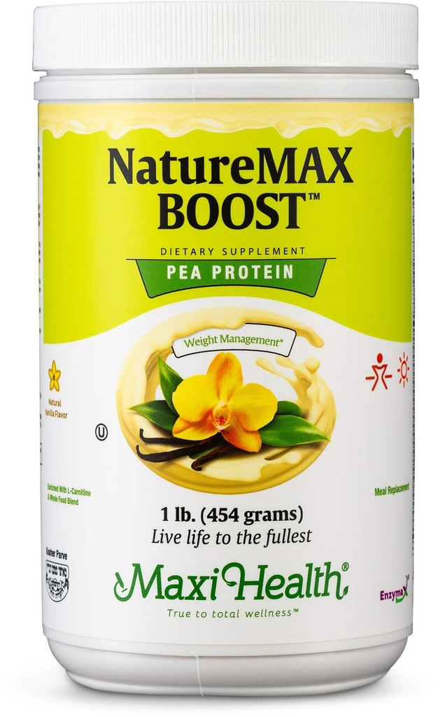NatureMax BoostTM Poudre de protéines de pois - Supplément alimentaire Remplacement des repas - 20g de protéines par portion - Saveur naturelle de vanille - Vitamine kasher - 1lb