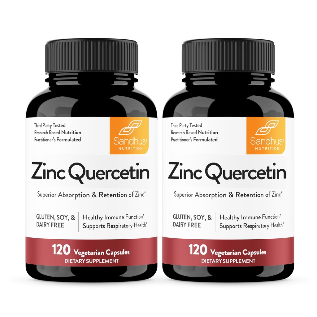 Sandhu's Zink Quercetin 120 Vegetarische Kapseln (Pack von 2) | High Absorption Zink Supplements für Immunität und saisonale Allergie | Antioxidative Immununterstützung für Männer und Frauen | Einfach zu schlucken