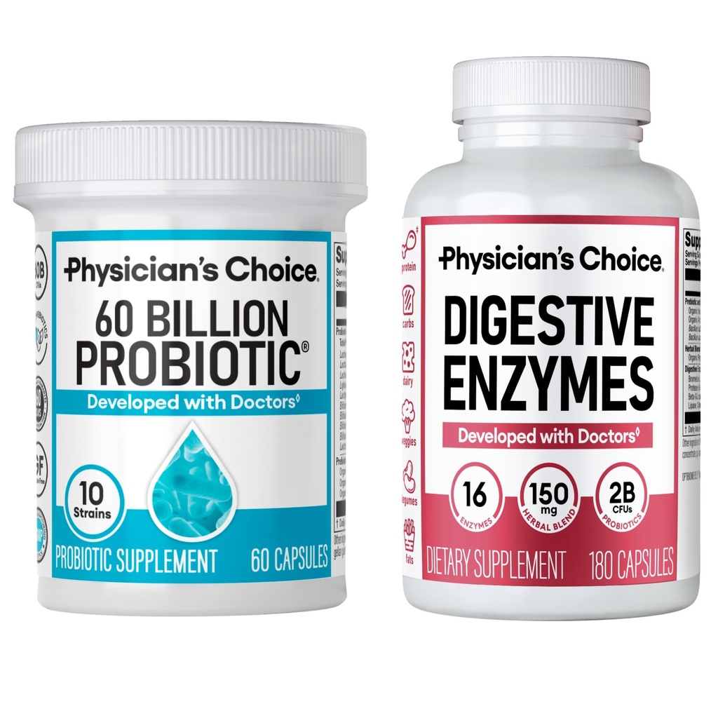 CHOIX du physicien - Trousse de santé optimale Gut : 60 milliards de probiotiques 60ct + Enzyme digestive 180ct pour le confort digestif et le soutien immunitaire - Trousse de valeur