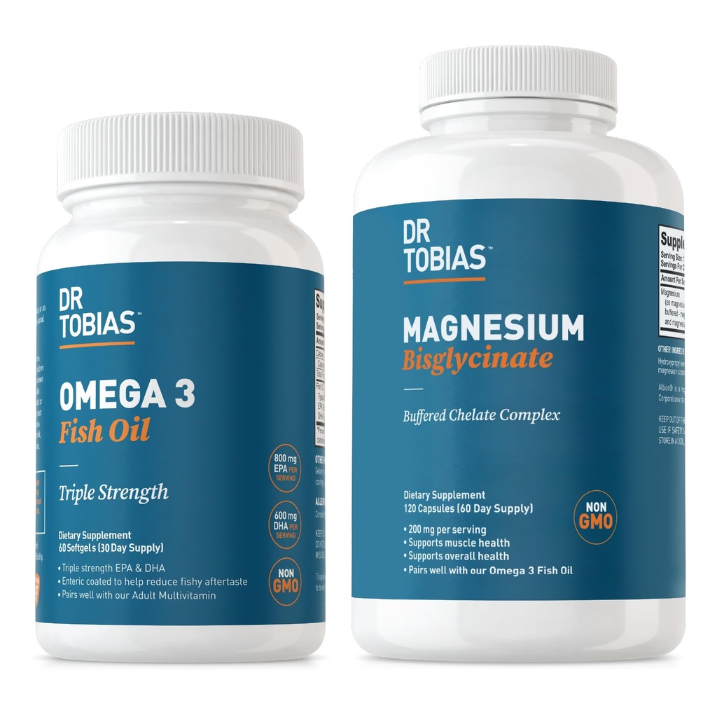 Dr. Tobias Omega 3 Fischöl & Magnesium Bisglycinat Ergänzungen, hohe Absorption, unterstützt Herz, Gehirn, Immun, Energie, Muskel, Knochen & Gelenke Gesundheit, Non-GMO