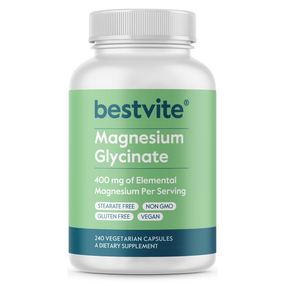 BESTVITE Glycinate de magnésium sans fil - 400mg de magnésium par portion (240capsules de légumes)- Bisglycinate chélaté pour les muscles, la relaxation, le stress et le sommeil* - Pour les hommes et les femmes - Pas de stéarate - Vegan