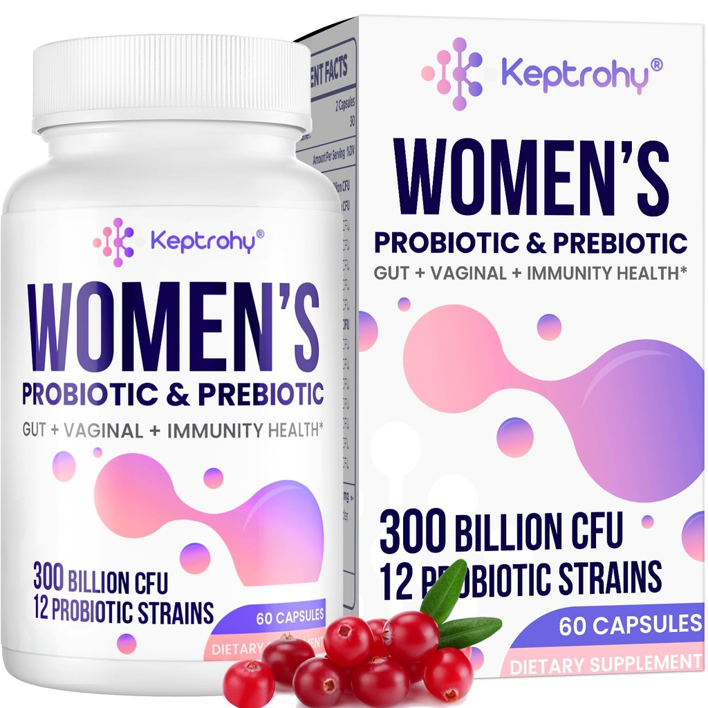 Probiotiques vaginaux pour les femmes - 300 milliards d'UFC 12 souches Probiotiques avec prébiotique, extrait biologique de canneberge Probiotique quotidien pour les femmes vaginales, urinaires, digestives, Gut, santé immunitaire, 60 capsules