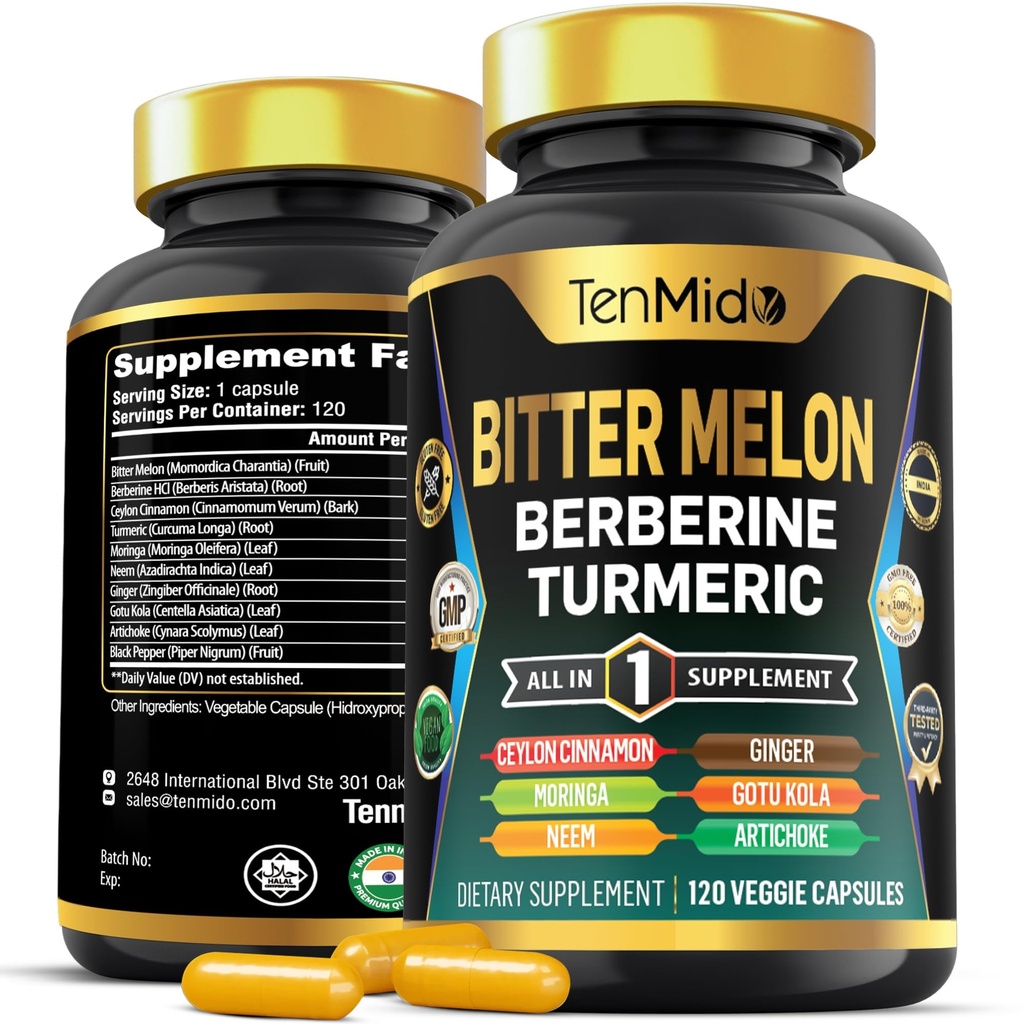 Bitter Melon Kapseln - 10in1 Formel - Kombinieren Sie mit Berberine, Ceylon Cinnamon, Turmeric, Moringa, Neem, Ginger, Gotu Kola, Artichoke und Black Pepper - 120 Kapseln für 4 Monate Versorgung