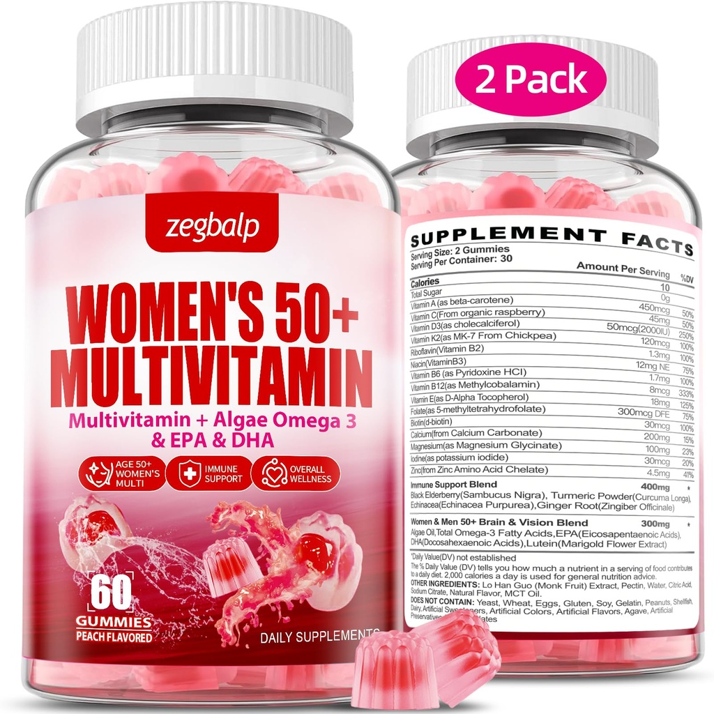 Femmes sans sucre Multivitamine 50 Plus Gommies avec Calcium, Magnésium, Zinc, Vitamine A, C, D3, E, K2, B Complexe, Folate, Biotine - Multivitamines et minéraux pour la peau, l'énergie, le soutien immunitaire