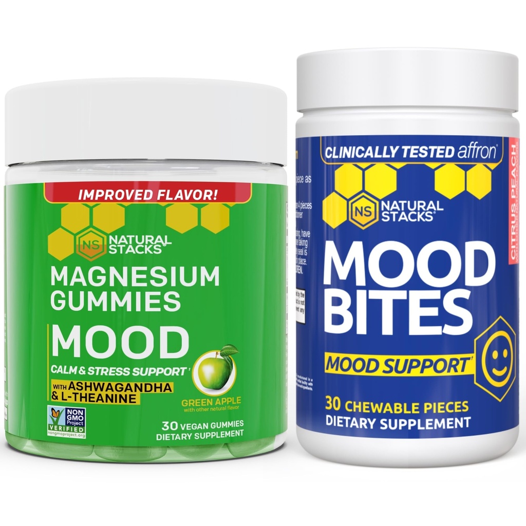 ÉTIQUETTES NATURELLES Mood Bites + Mood Magnesium Gummies Bundle - Positive Mood & Stress Support* - 60 Chewables