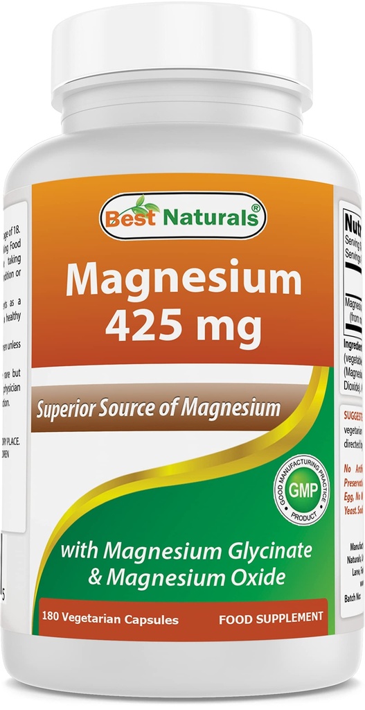 Best Naturals Magnesium 425 mg 180 Veggie Kapseln - Hohe Absorption Magnesium Glycinat & Magnesiumoxid Chelat, Non-GMO, Gluten Free Muscle Relax (180 Count (Pack von 1))
