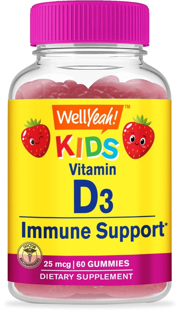Eh bien, les enfants Vitamine D3 Gummies - 1000 UI (25 mcg)- Soutient la force osseuse et l'immunité - Non-OGM, sans gluten - Arôme de fraise - Supplément nutritionnel - 60 portions