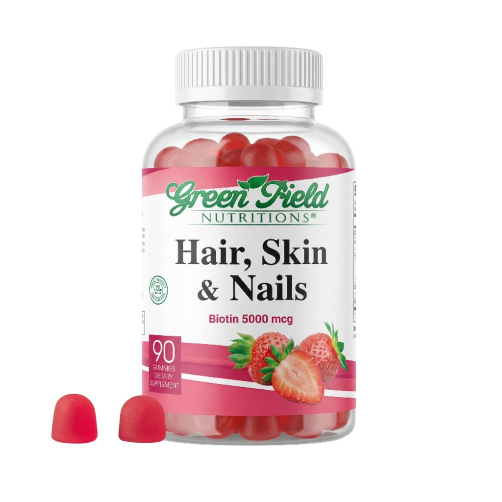 Greenfield Nutritions - Halal Biotin Gummies Vitamin für Haar, Haut und Nägel, unterstützt Fette Stoffwechsel, Haarwachstum, Starke Nägel & Klare Haut, Gelatin Free, Non-GMO und Gluten Free - 90 Gummies