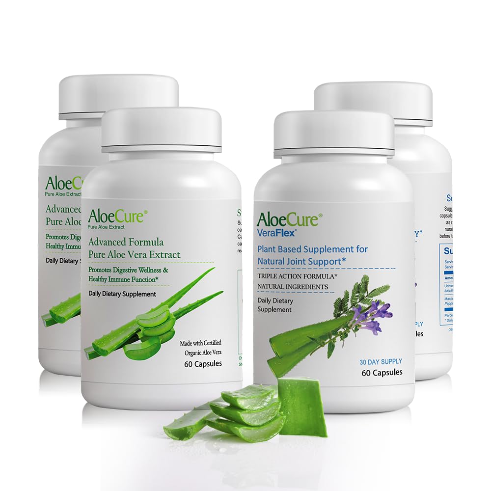 AloeCure Organic Aloe Vera Capsules Pack - 4 Pièces - 2 x VeraFlex, 2 x Aloe Vera Capsules