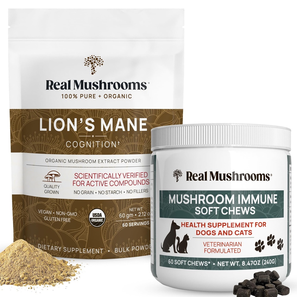 Echte Pilze Lions Mane Powder for Humans (60g) & Mushroom Immune Pet Chews (60ct) - Bundle für Kognition & Immunität - Ashwagandha, Astragalus & More - Vegan, Non-GMO, Gluten-Free, Grain-Free