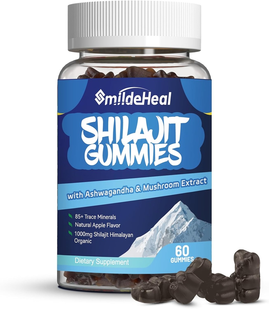 Shilajit Gummies 1000 MG, Organic Shilajit Supplement, 85+ Trace Minerals, mit Ashwagandha, Pilz - Energie, Gehirn, Immunität Unterstützung, für Männer und Frauen - 60 Count
