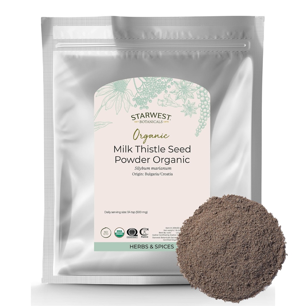 Starwest Botanicals Lait biologique Thistle en poudre - Thistle de lait moulu pour thé et cuisson, Mélanger dans le jus, Ajouter aux smoothies, farine d'avoine et yaourt, Certifié Kosher, Non-OGM - Bulk 1 lb Sac