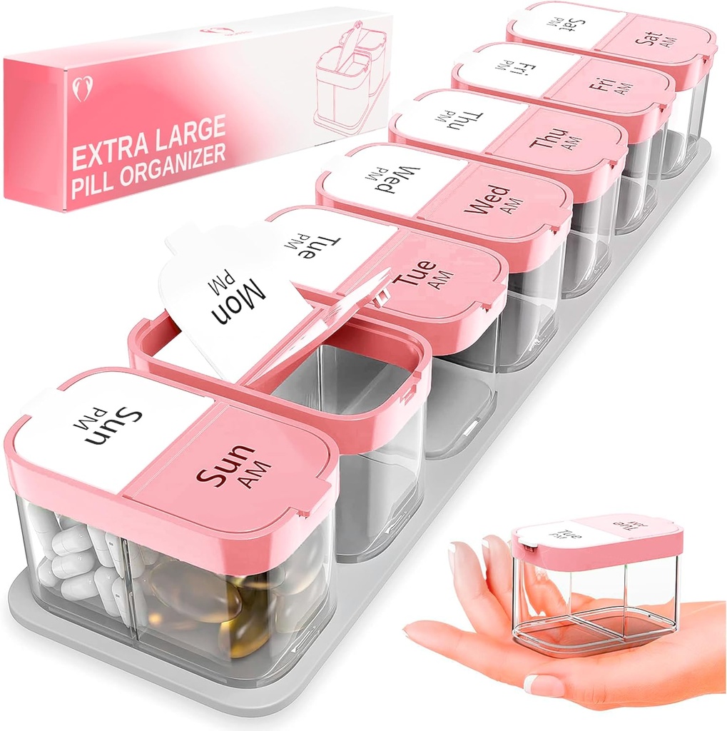 Extra Large Weekly Pill Organizer - XL Vitamin Holder mit 7 Detachable AM Compartments - Portable Medicine Dispenser for Home and Travel, Big Supplement Container for Weekly or Daily Use, Pink